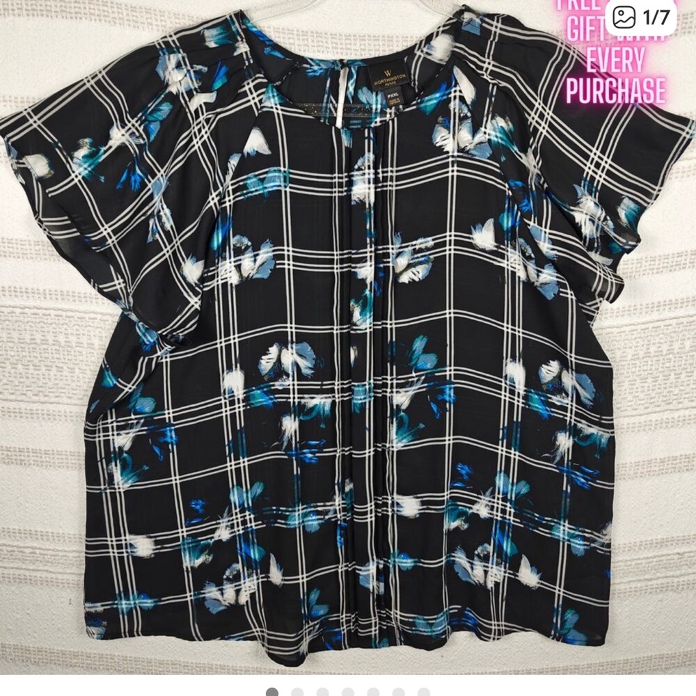 Worthington Petite Black Blue Plaid Floral Blouse Top Size XL